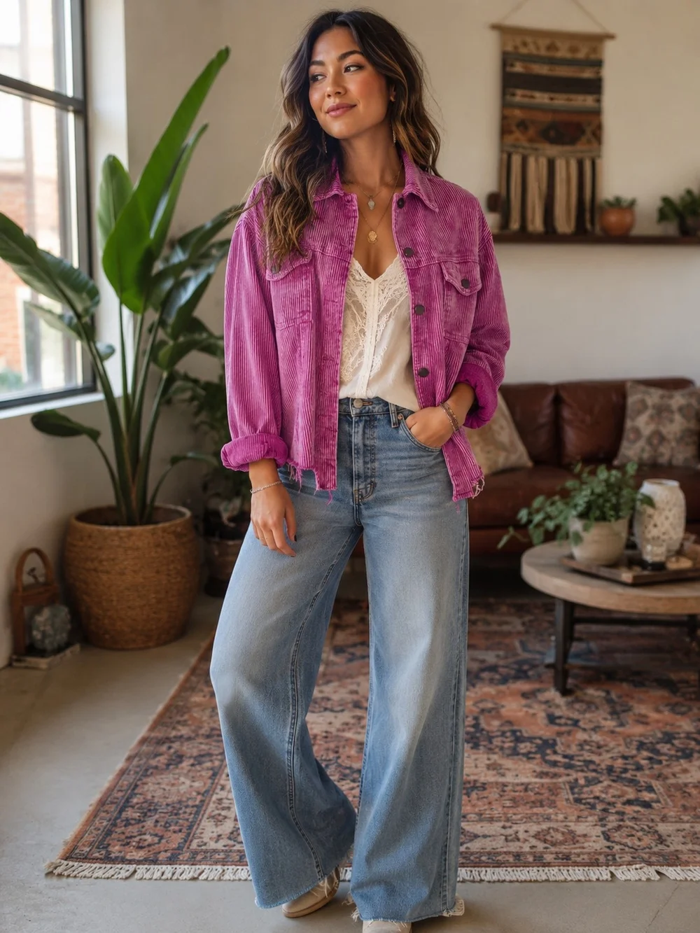 Boho POL Plum Berry Mineral Washed Corduroy Jacket Size Small - Picture 3 of 8